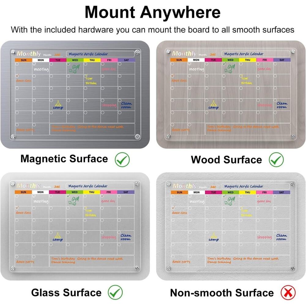 2 Pack Magnetic Fridge Calendar Acrylic Dry Erase Board Monthly Weekly 5 Markers - Picture 2 of 6